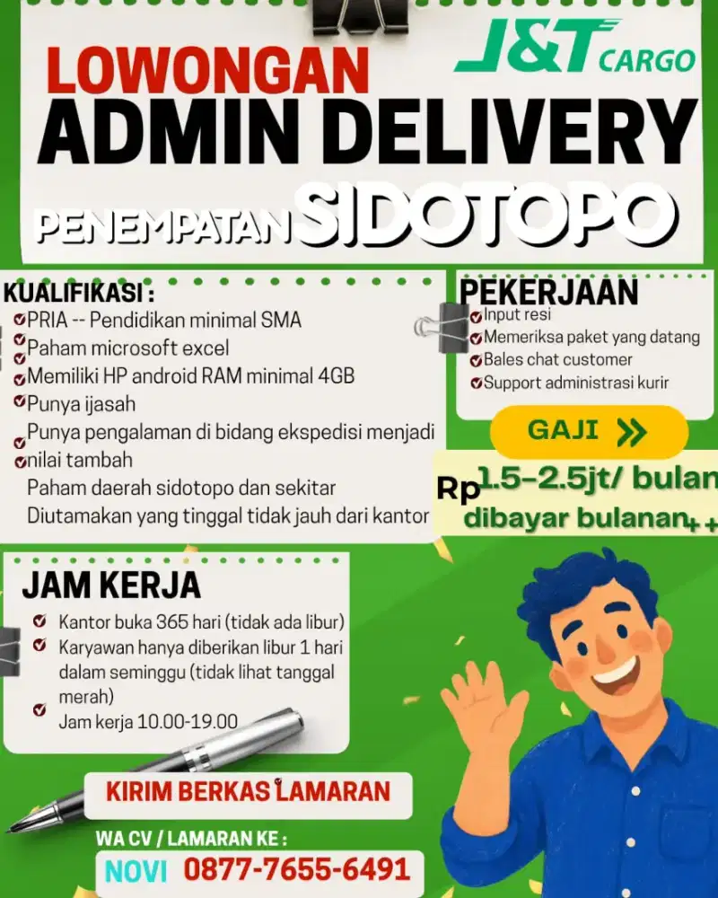 Loker admin delivery JNT cargo wilayah surabaya utara