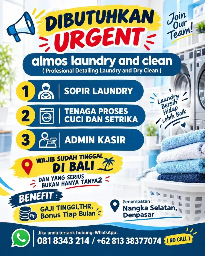HRD, Sopir, Tenaga Cuci Lowongan kerja untuk laundry and dry clean