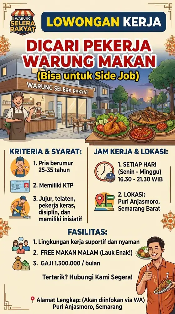 DICARI PEKERJA RUMAH MAKAN (BISA SIDE JOB) PRIA