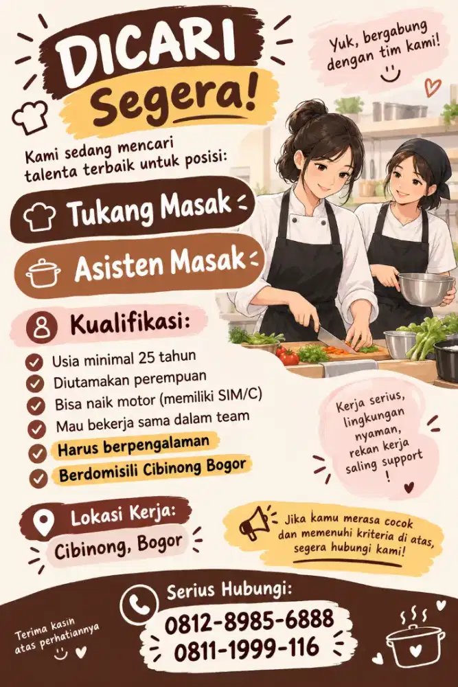 LOKER JURU MASAK DAN ASSISTEN MASAK