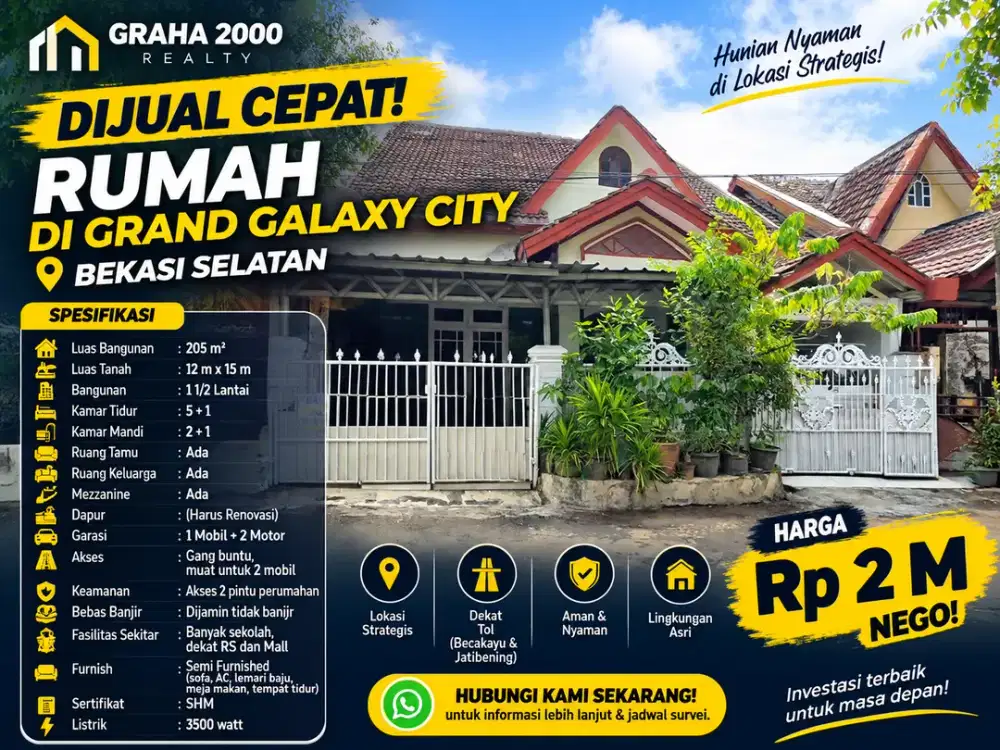 Rumah 5+1 Kamar Tidur di Grand Galaxy City Bekasi Selatan LT 180 m2 SHM Rp2 Miliar