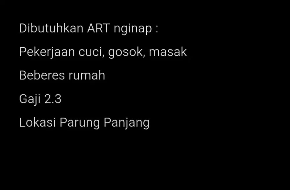 Dibutuhkan ART menginap