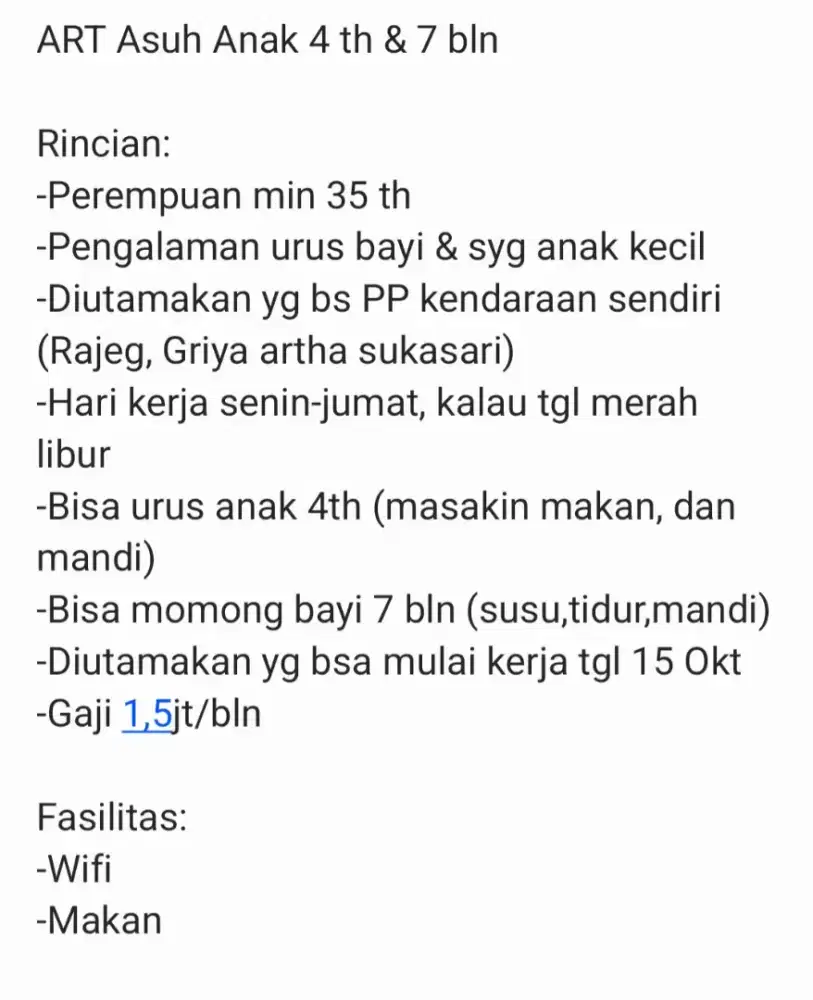 Dicari ART balita dan bayi