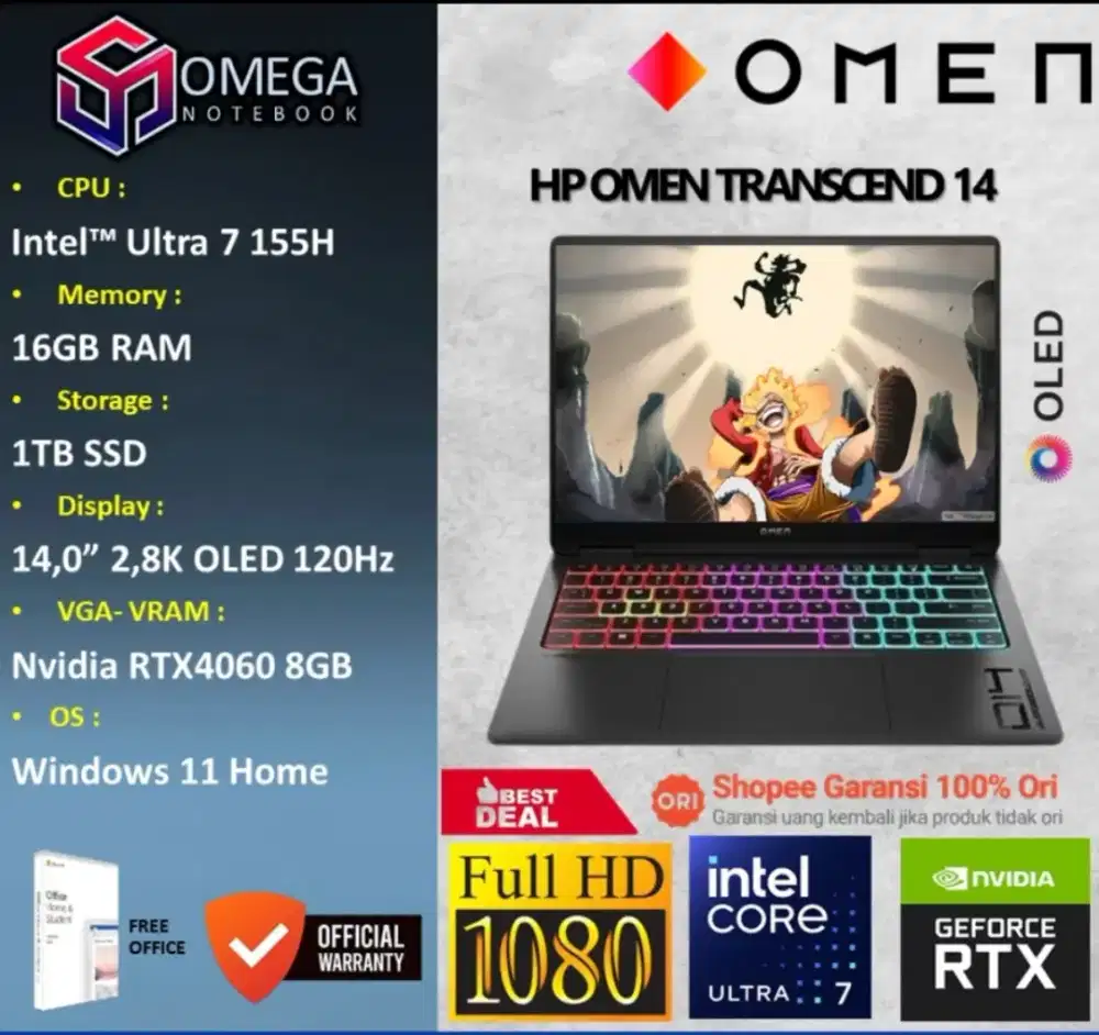 Laptop HP Omen Transcend 14 OLED Ultra 7-155H RTX4060 RAM16GB SSD1TB