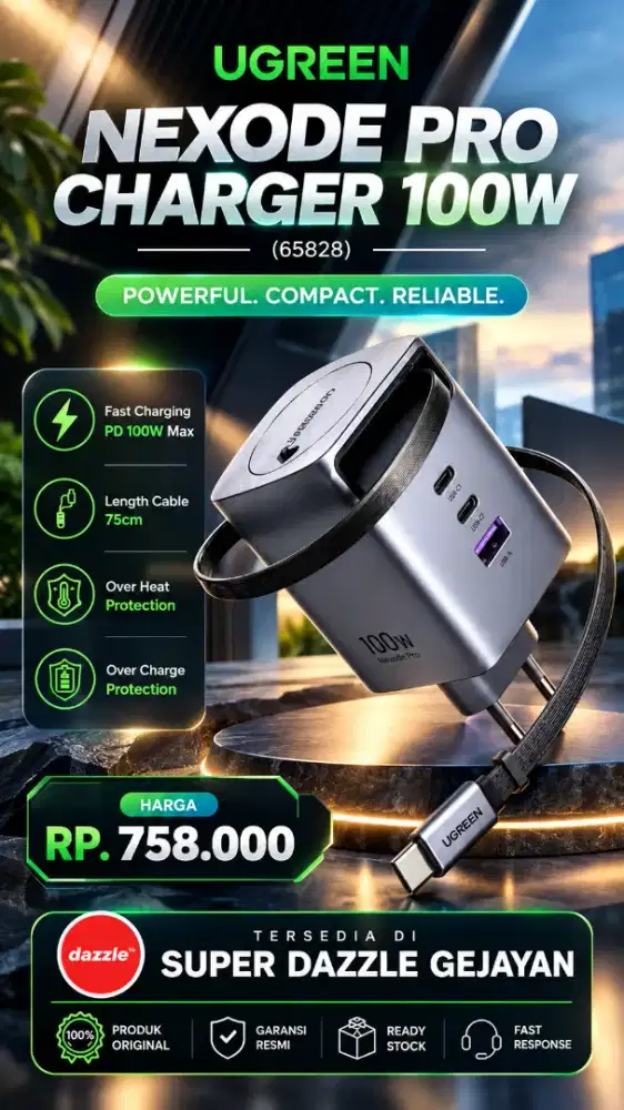 UGREEN GAN NEXODE PRO 100W CHARGER WITH RETRACTABLE CABLE (65828)