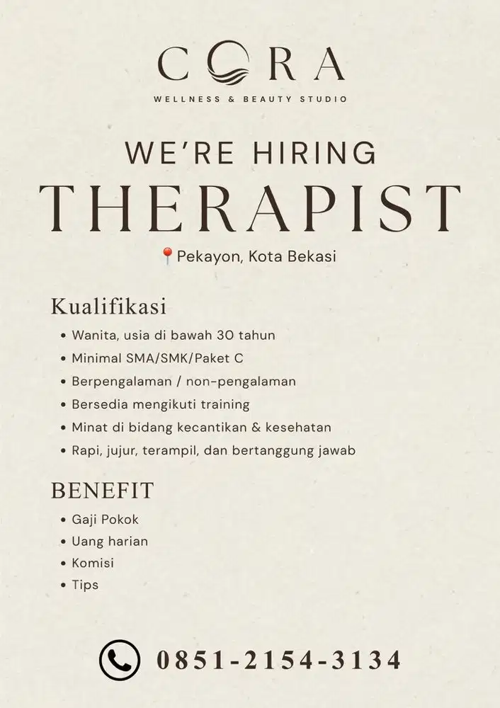 LOWONGAN KERJA THERAPIST – CORA Wellness and Beauty Studio