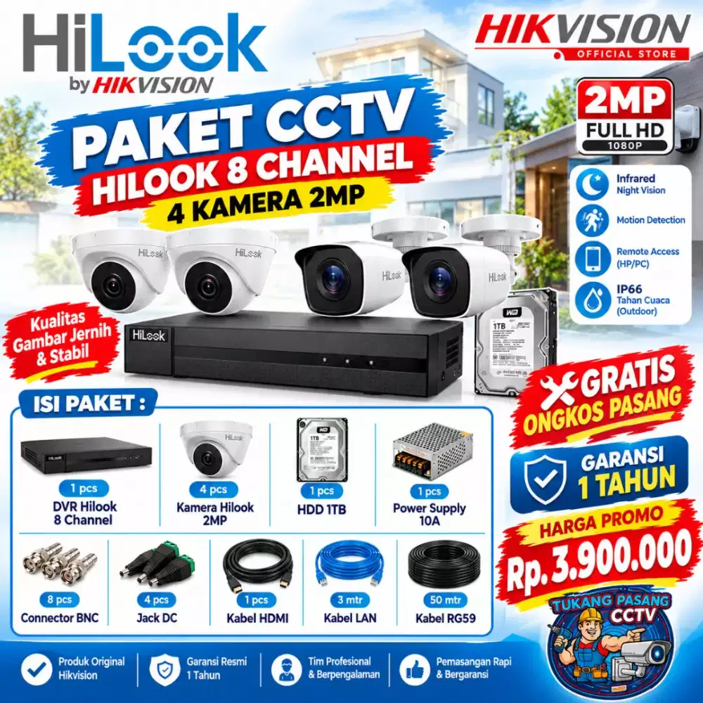 Paket cctv hilook 8 ch 4 kamera 2mp