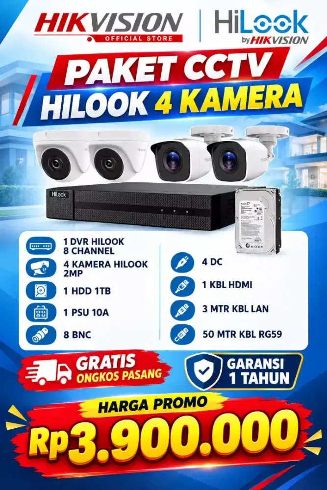 Paket cctv hilook 8 channel 4 kamera 2mp
