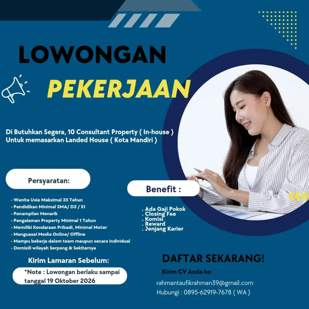 Lowongan  Consultant Property In-house  utk  memasarkan landed house