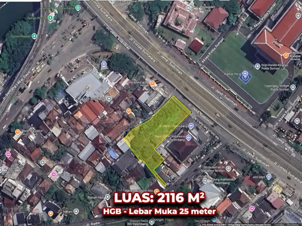 DIJUAL LAHAN KOMERSIAL JL JEND SUDIRMAN DEPAN POLDA SUMSEL PALEMBANG