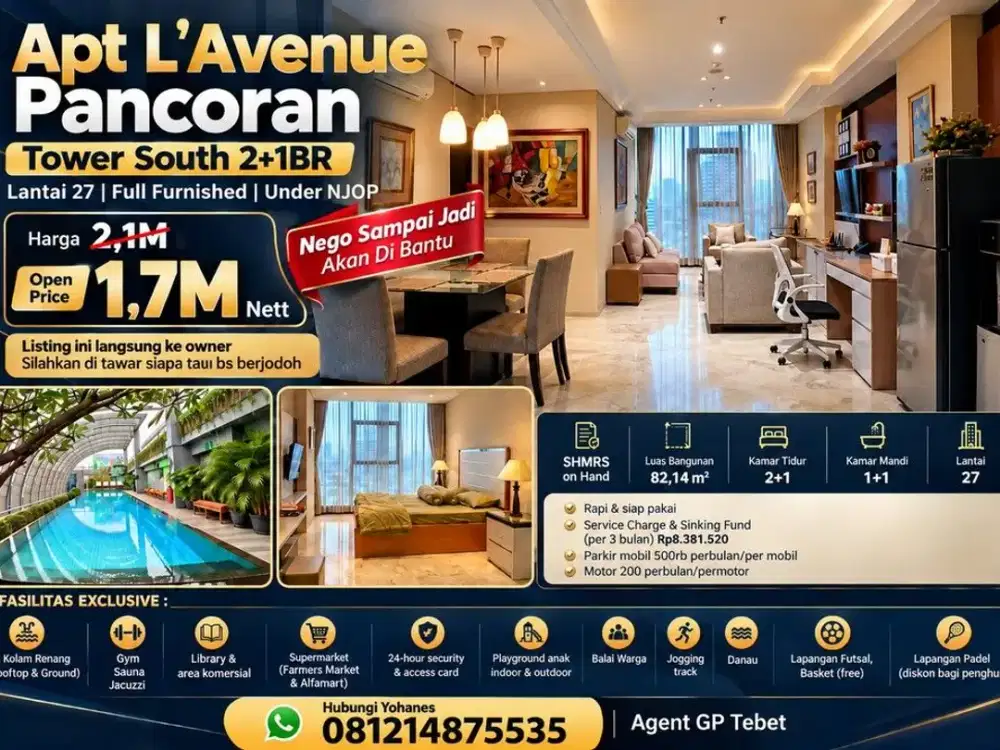 Apt L'Avenue Pancoran Tower South 2+1BR lantai 27 Full Furnished under NJOP