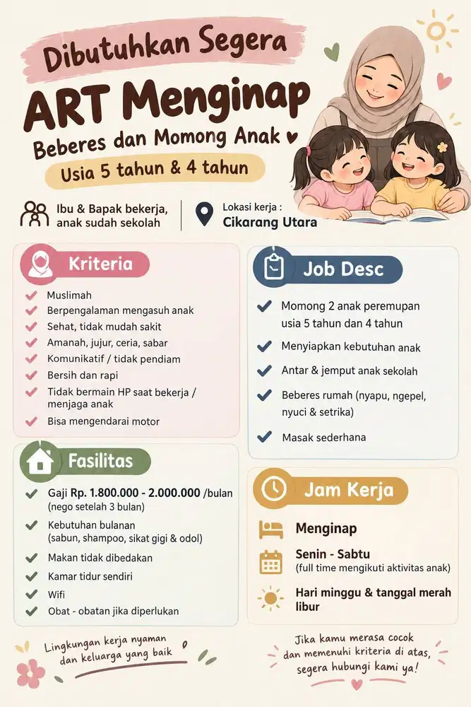 ASISTEN RUMAH TANGGA + PENDAMPING ANAK (MENGINAP)