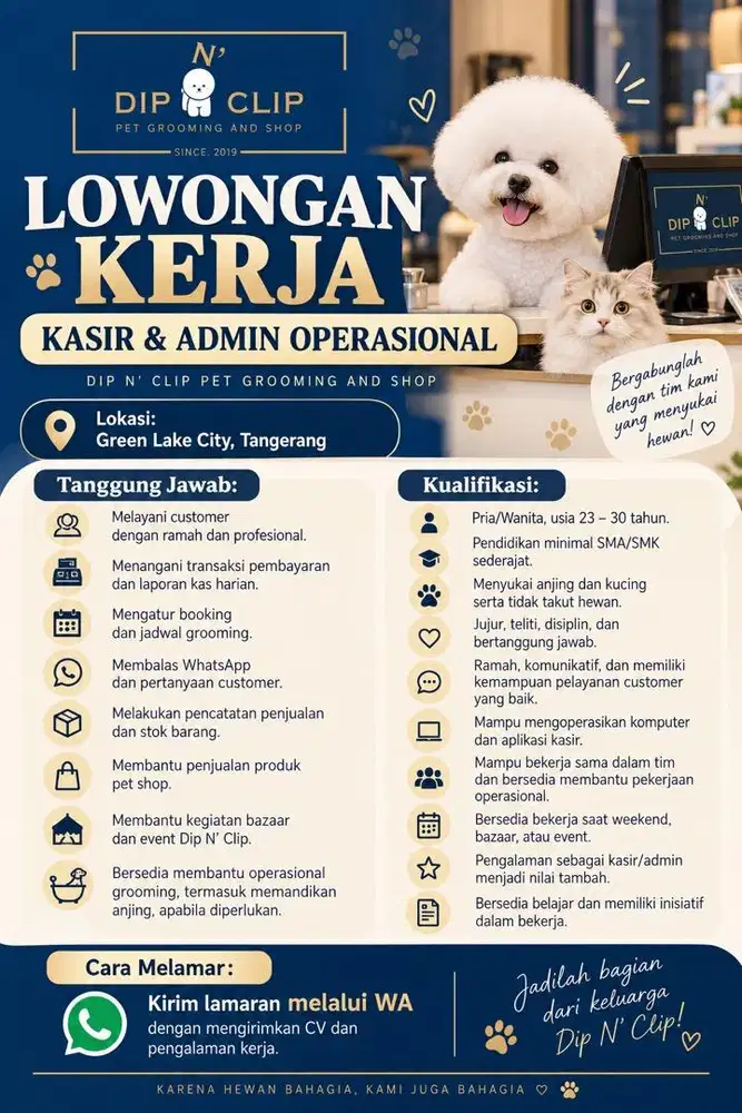 LOWONGAN KERJA – KASIR & ADMIN PET GROOMING