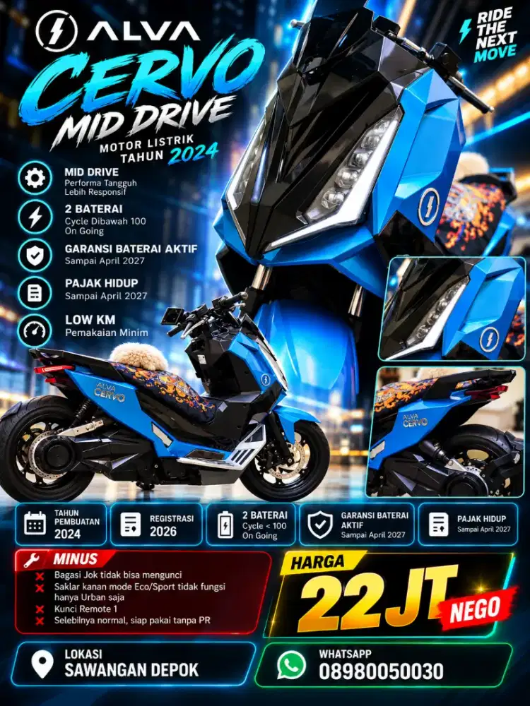 Motor Listrik Molis Alva Cervo 2024 Plat F 2 Baterai Low KM Murmer