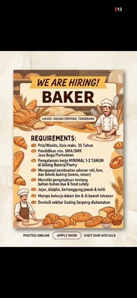 DICARI BAKER PENGELAMAN UNTUK BAKERY DI GADING SERPONG