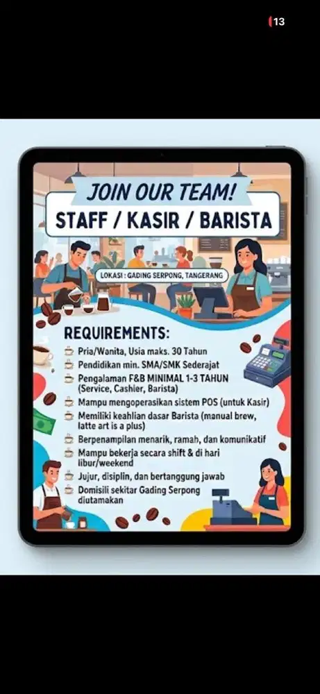 DICARI BARISTA / KASIR / STAFF BAKERY UNTUK BAKERY DI GADING SERPONG