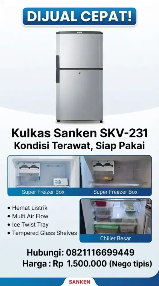 Dijual kulkas sanken SKV-231