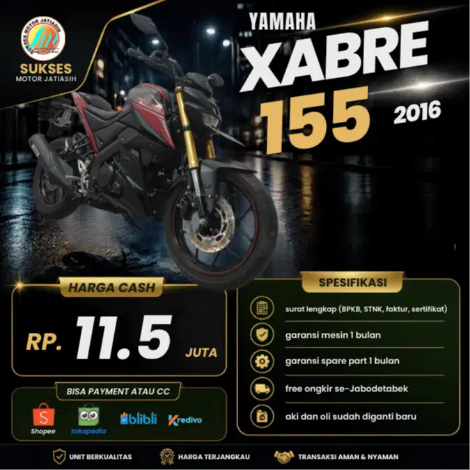 YAMAHA XABRE 155 2016 PLAT BEKASI KOTA BISA CASH PAYMENT ATAU PAYLATER