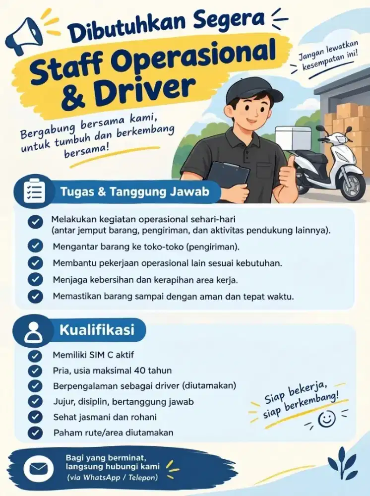 DICARI KARYAWAN STAFF OPERASIONAL&DRIVER