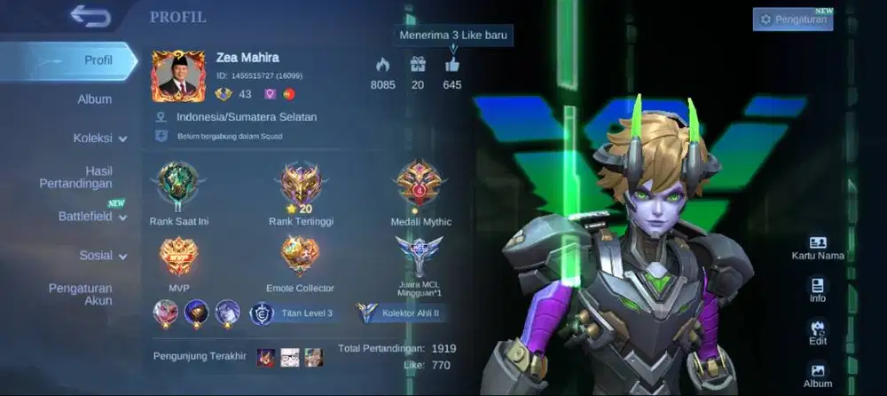 Akun ML 154 Skin Collector Mythic 20B 300K Palembang