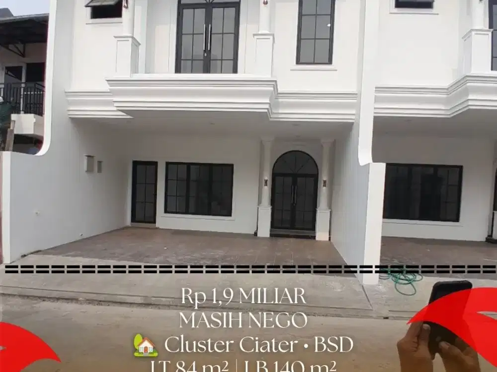 Dijual Rumah Cluster Ciater BSD 3 KT 3 KM, LT 84 m² LB 140 m² – Rp1,9 Miliar Nego