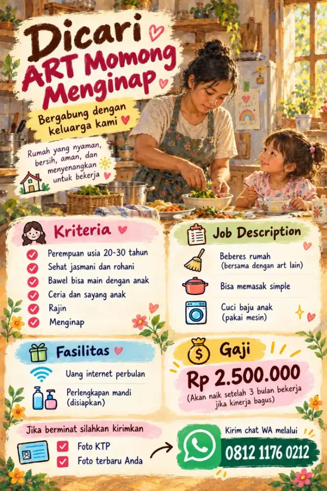 Dicari Art momong menginap untuk anak 2.5 tahun