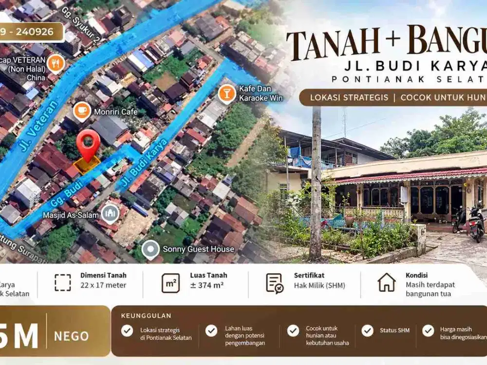 Dijual Tanah 22 x 17 m di Jl. Budi Karya Pontianak Selatan – Rp3,5 M Nego