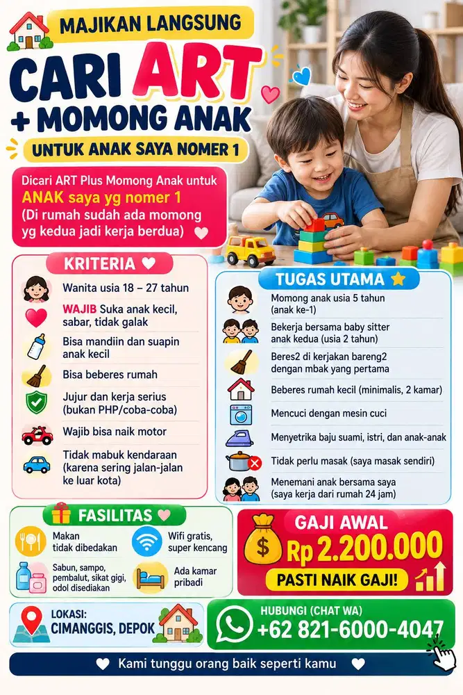 saya majikan langsung , cari untuk momong dan beres2 anak 5 tahun
