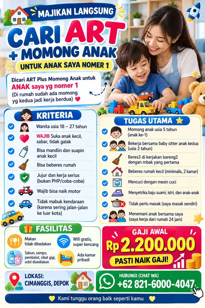 cari untuk momong dan beres2 anak 5 tahun MAJIKAN LANGSUNG