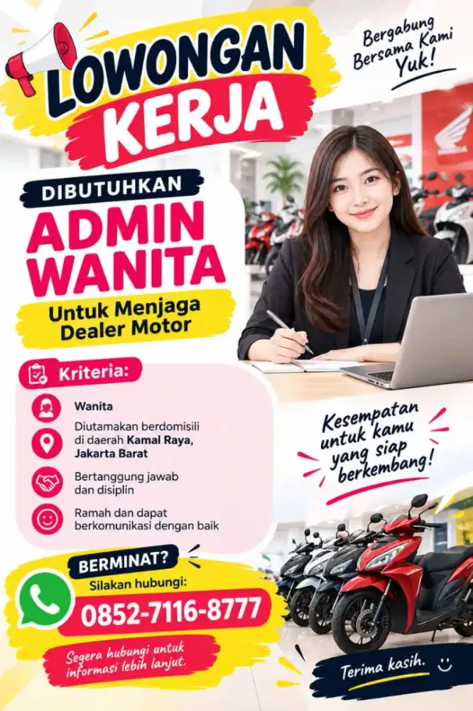 Dibutuhkan karyawati untuk sales counter/ admin showroom motor bekas