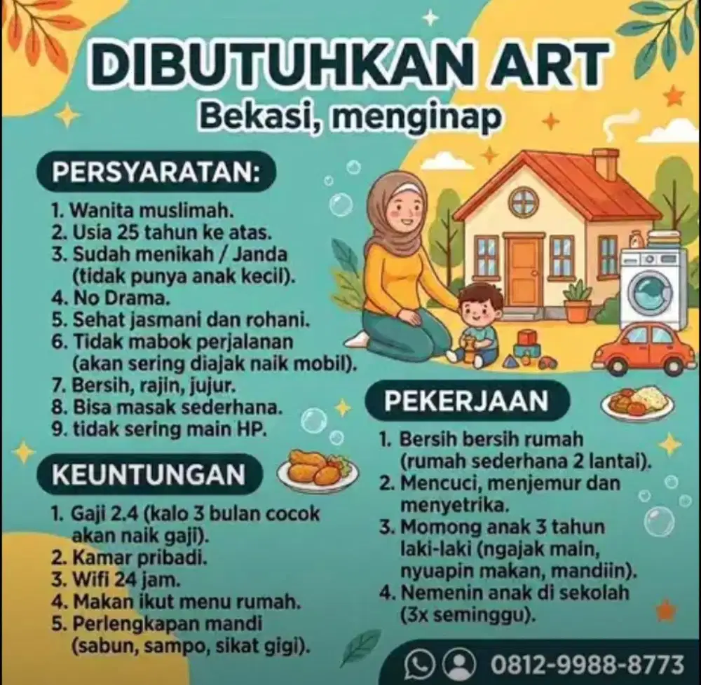 Dicari SEGERA ART Menginap Bekasi