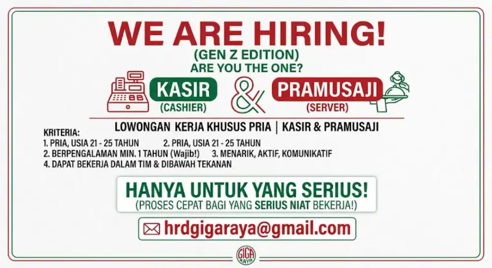 Cari Tim Solid! Kami Butuh Kasir & Waiter Siap Kerja!