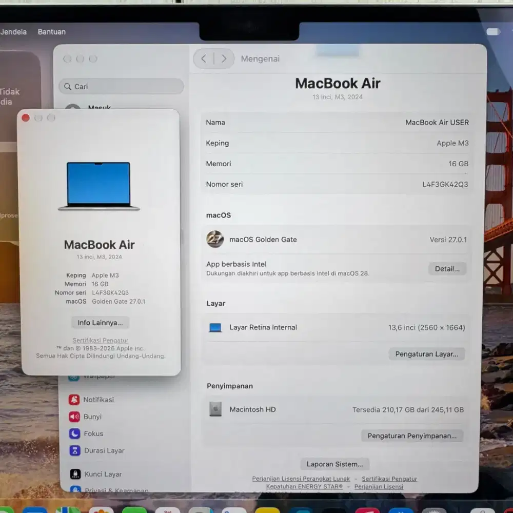 Macbook Air M3 Layar 13 Inch Ram 16 Ssd 256 lengkap full set