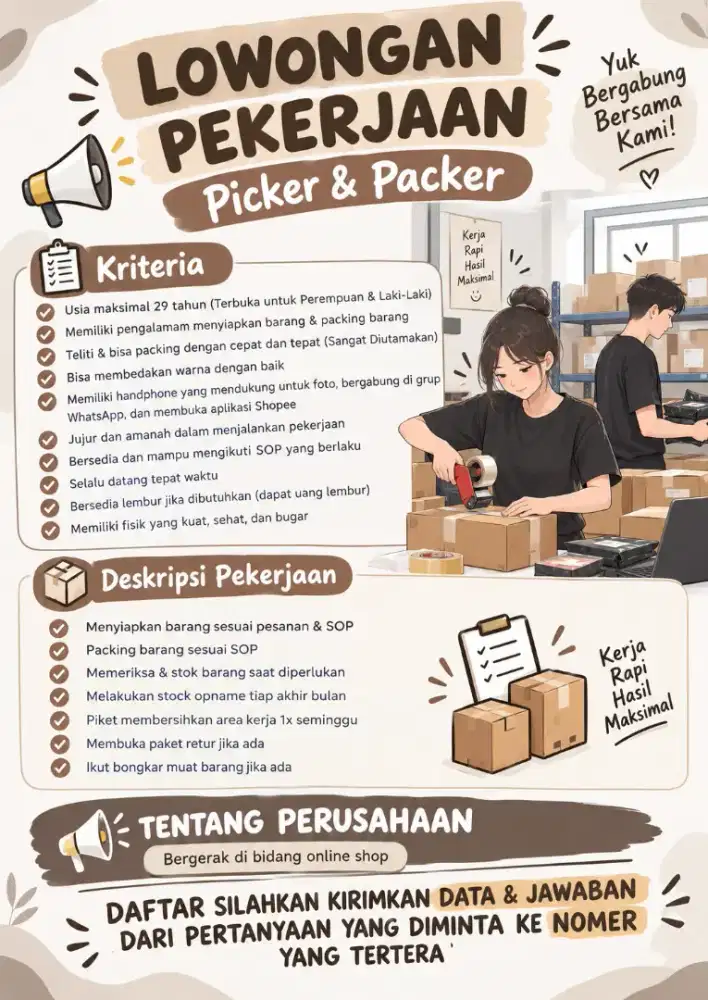 Lowongan Kerja Bagian Menyiapkan Barang dan Packing Barang Onlineshop