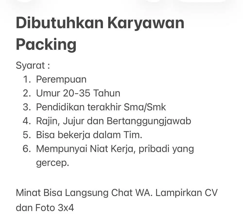 Dibutuhkan segera karyawati perempuan yang serius butuh kerja