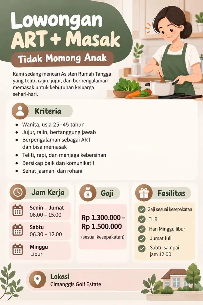 BUTUH SEGERA ART MASAK PP (Pulang Pergi)  di CGE Depok