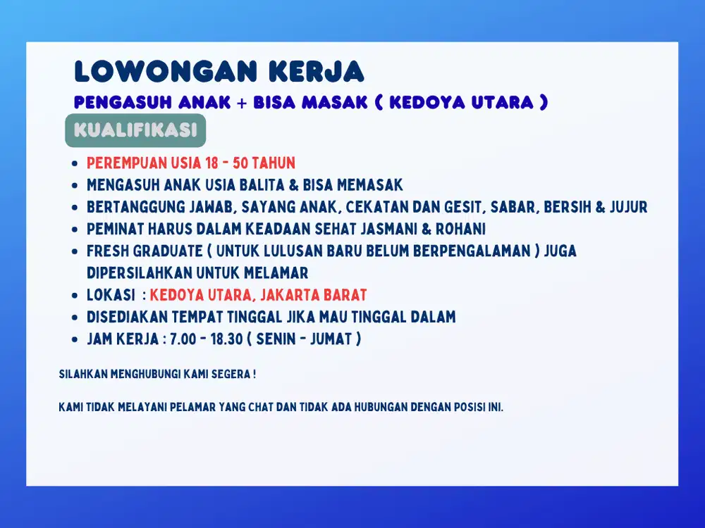DIBUTUHKAN SEGERA PENGASUH ANAK ( CAREGIVER )