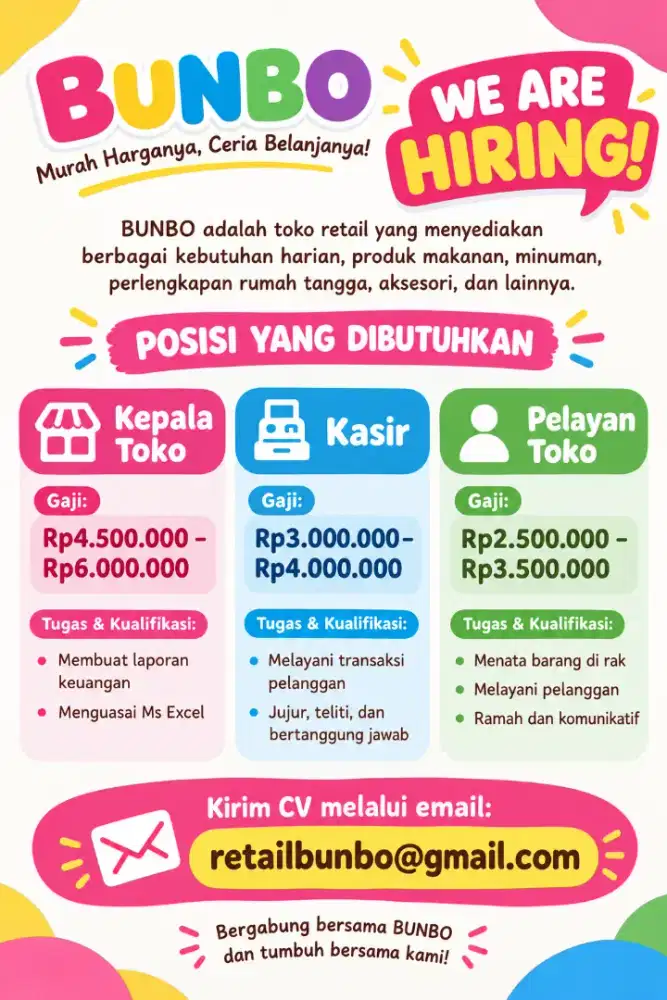 LOWONGAN KERJA BUNBO JAKARTA TIMUR – KEPALA TOKO, KASIR & PRAMUNIAGA