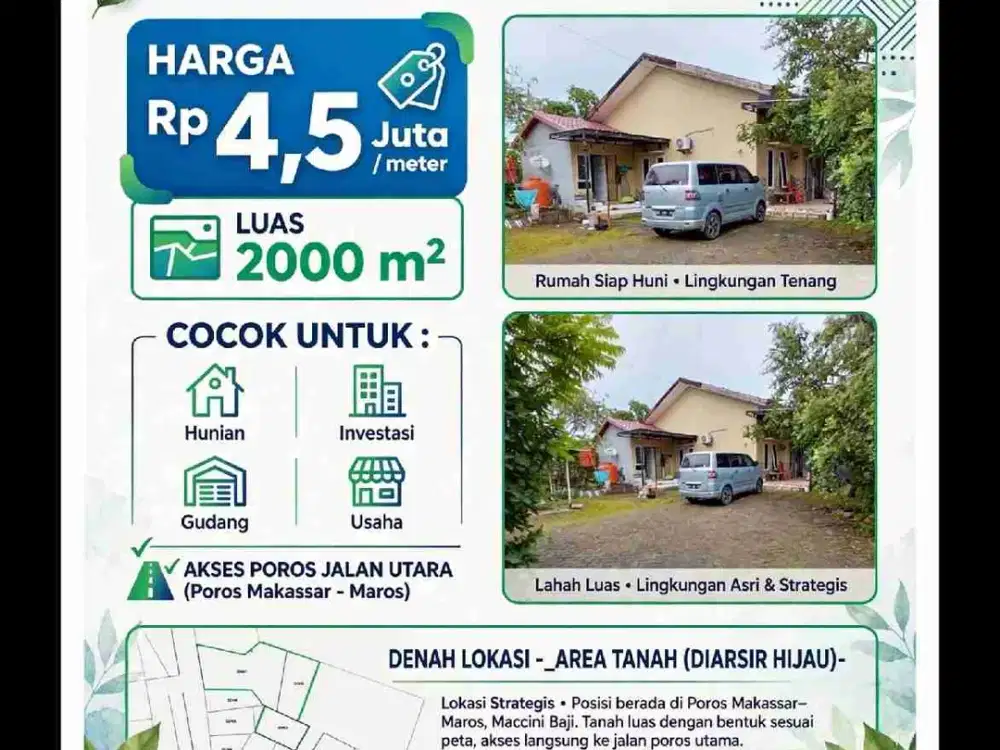 Tanah 2000 Meter Maros
Poros Makassar Maros
Maccini Baji
Rp. 4,5 Juta Permeter