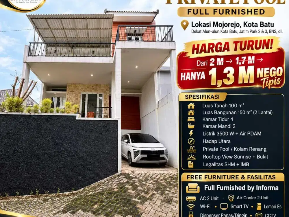 Jual Villa Private Pool Full Furnished Lokasi Mojorejo Batu