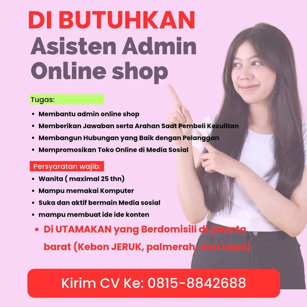 Dicari Asisten Admin Online, daerah kebon jeruk dekat MNC Tower