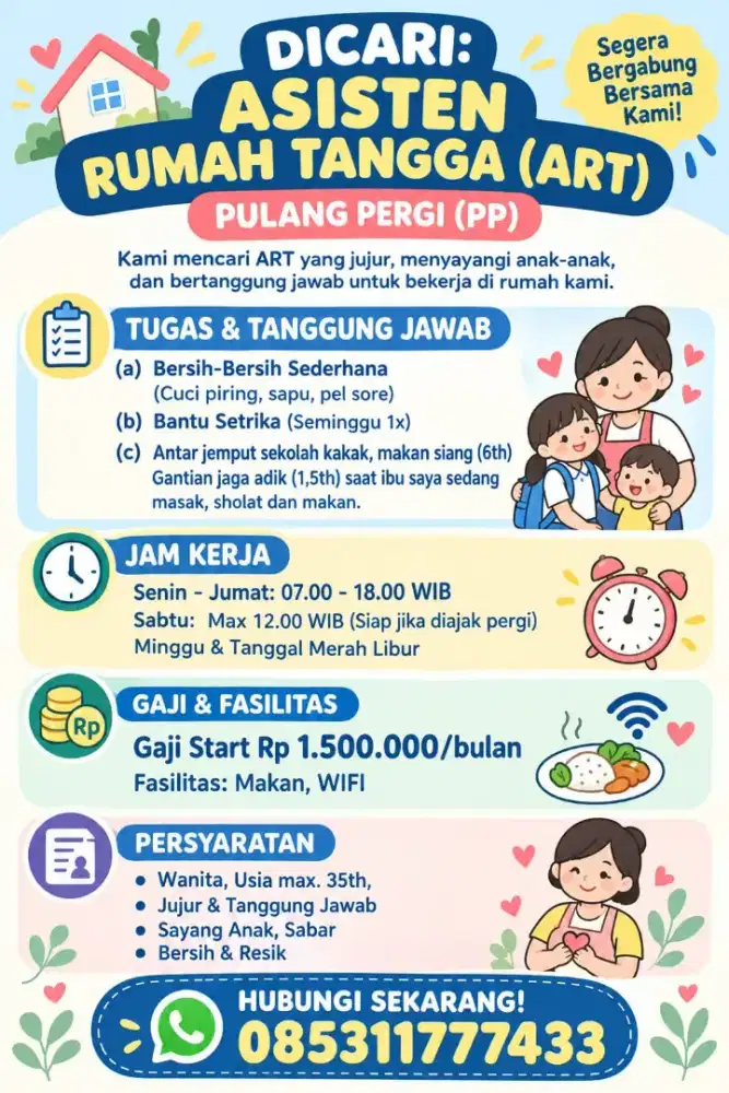 Dicari ART Pulang Pergi daerah Larangan, Ciledug