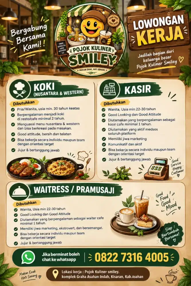 Dibutuhkan tukang masak / koki, kasir dan waitress