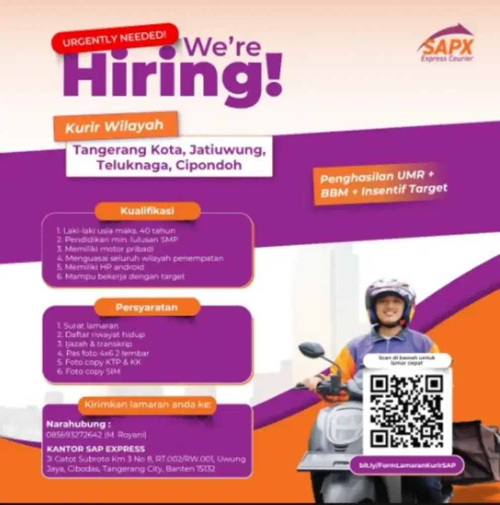 Di butuh kan kurir motor area pengirim tangerang kota