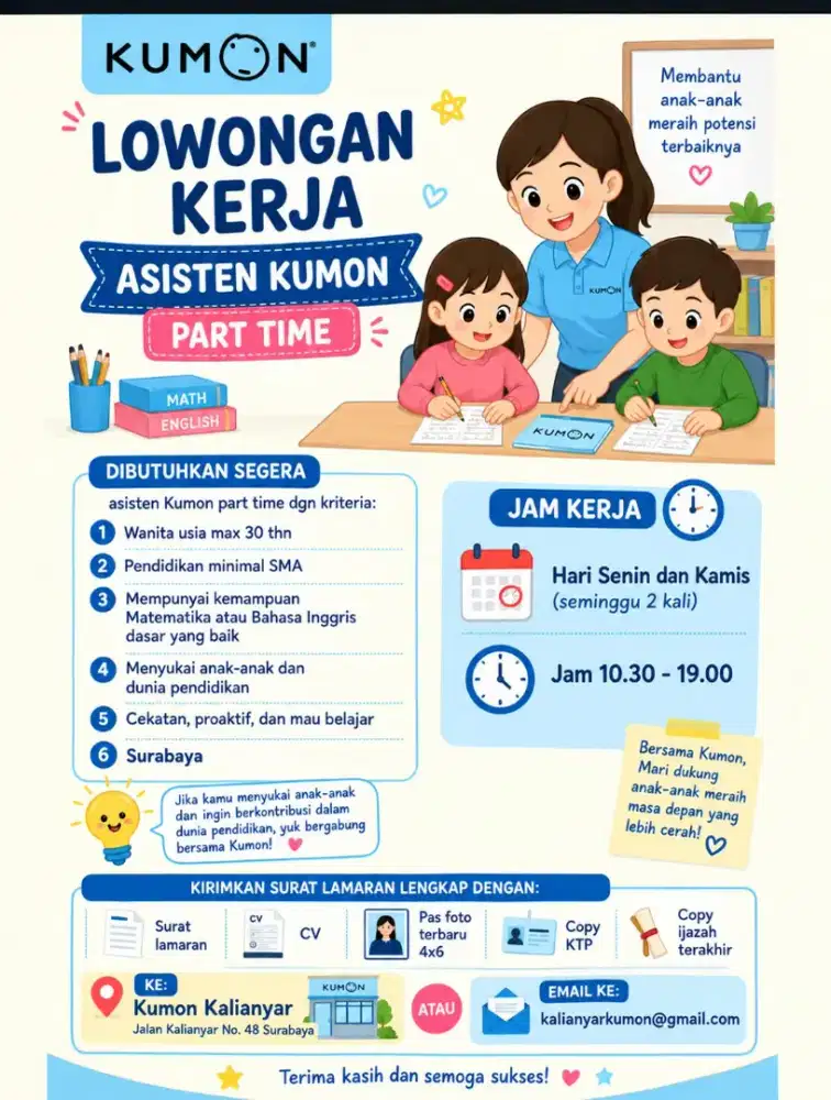 Dibutuhkan Tenaga Pengajar Matematika dan Bahasa Inggris Kumon