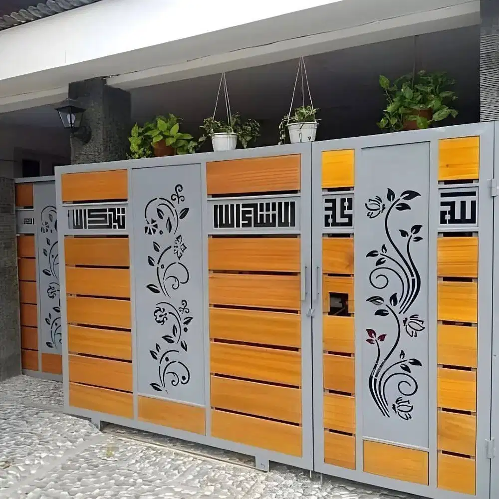 Pintu pagar laser cutting kombinasi woodplank