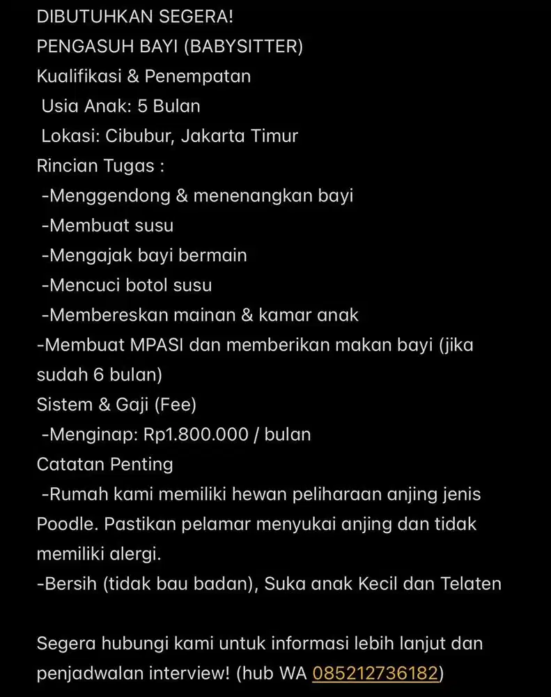 Dibutuhkan Pengasuh Momong bayi