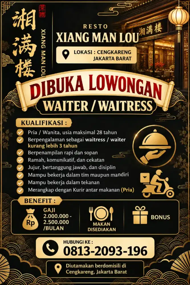 Dibutuhkan Waitress/Waiter Restaurant Chinese