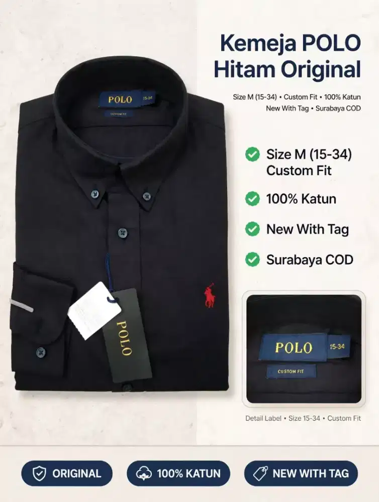 Kemeja POLO Hitam Pria Original Size M 15-34 slim Fit Baru 100% Katun
