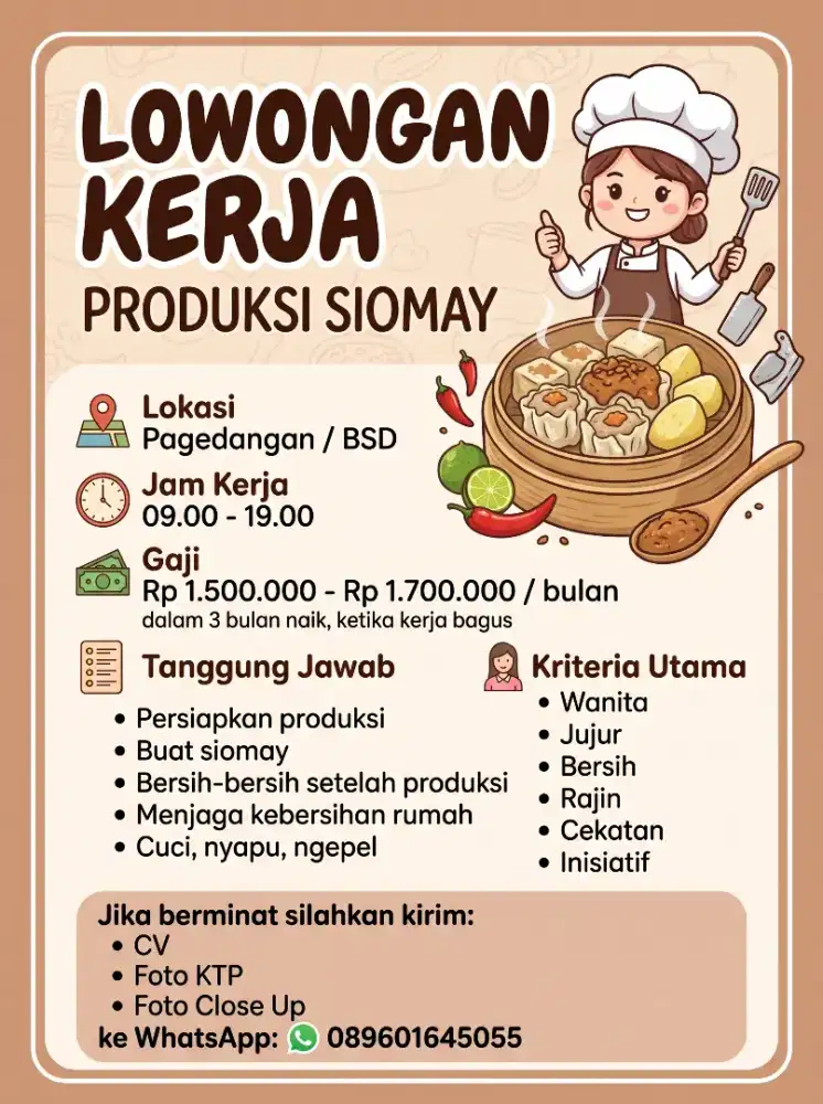 Loker produksi siomay (wanita)